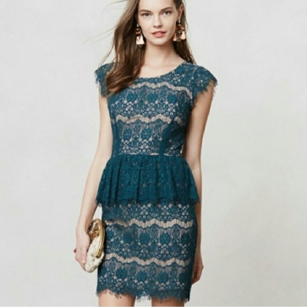 Anthropologie Elsa Green Laced Peplum Cocktail  Party Dress Sz L Bodycon Sexy
